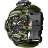 23-in-1 Survival Military Digital Watch, Mens Tactical Multi-Functional and Adjustable Wristband Outdoors Waterproof Sports Dual Dial Watches with Compass Paracord Band - Green Cam