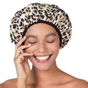 Buy now Reusable Nylon Shower Cap & Bath Cap, Reversible Oversized Waterproof Shower Caps Large Designed for all Hair Lengths w Terry Lining & Elastic Band Stretch Hem Hair Hat - Socialite Safari Spots at indiglob india