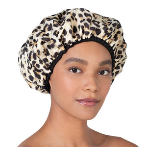Buy now Reusable Nylon Shower Cap & Bath Cap, Reversible Oversized Waterproof Shower Caps Large Designed for all Hair Lengths w Terry Lining & Elastic Band Stretch Hem Hair Hat - Socialite Safari Spots at indiglob india