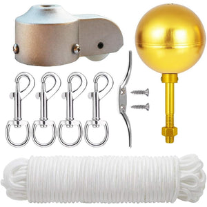 Buy now EKEV Flag Pole Hardware Parts Repair Kits - 3" Topper Gold Ball + 50 Ft Halyard Rope + 6" Cleat Hook + 4 Flag Swivel Snap Hooks + Flagpole Pulley Truck for 2" OD Tube at indiglob india