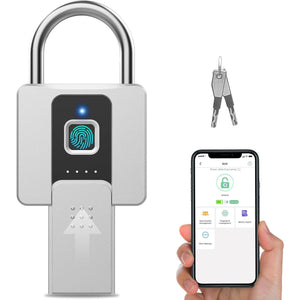 Buy now Eseesmart Fingerprint Padlock, Padlock, Fingerprint Lock, Waterproof Padlock with Key and Mobile APP, Suitable for Gates, Fences, Gym, Cabinets, Office, Silver at indiglob india