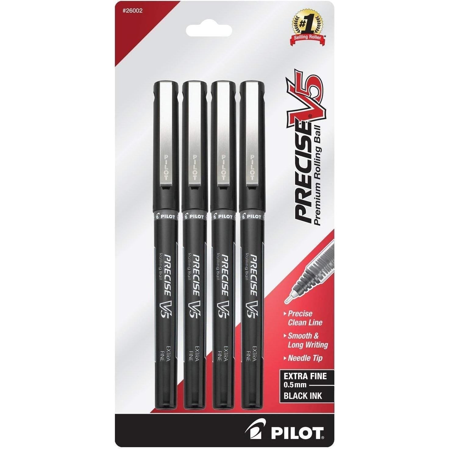 Buy now Pilot, Precise V5, Capped Liquid Ink Rolling Ball Pens, Extra Fine Point 0.5 mm, Black, Pack of 4 at indiglob india