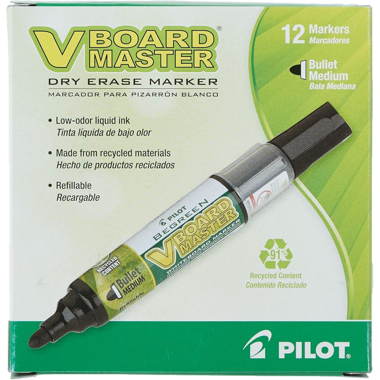 Buy now PILOT V Board Master BeGreen Refillable Dry-Erase Markers, Bullet Tip, Black Ink, 12 Count at indiglob india