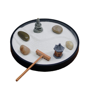 Buy now Nature's Mark Mini Zen Garden Kit for Desk with Rake, White Sand, Black Round Base, Miniature Pagoda Figure, River Rocks and Miniature Buddha Figure (6Lx6W Round B) at indiglob india
