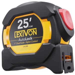 Buy now LEXIVON 25Ft/7.5m AutoLock Tape Measure | 1-Inch Wide Blade with Nylon Coating, Matte Finish White & Yellow Dual Sided Rule Print | Ft/Inch/Fractions/Metric (LX-205) at indiglob india