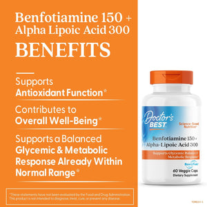 Buy now Doctors Best Benfotiamine 150 + Alpha-Lipoic Acid 300 with BenfoPure, Supports Glycemic Balance & Metabolic Response, Non-GMO, Gluten Free, Soy Free, Vegan 60 Veggie Caps at indiglob india