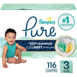 Buy now Pampers Pure Protection Baby Diapers, Size 3 (16-28 lbs), 116 Count, Up to 100% Leakproof, Premium Plant-based Skin Protection, Hypoallergenic Soft Diapers at indiglob india