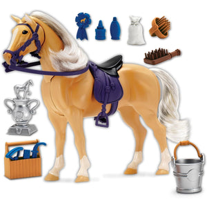 Buy now Sunny Days Entertainment Palomino Horse with Moveable Head, Realistic Sound and 14 Grooming Accessories - Blue Ribbon Champions Deluxe Toy Horses at indiglob india