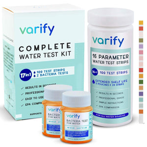 Buy now Varify 17in1 Complete Drinking Water Test Kit - 100 Strips + 2 Bacteria Tester Kits - Well, Tap, Home, City Water Testing Strip for Lead, Alkaline, Chlorine, Hardness, Iron, Fluoride, Copper & More at indiglob india