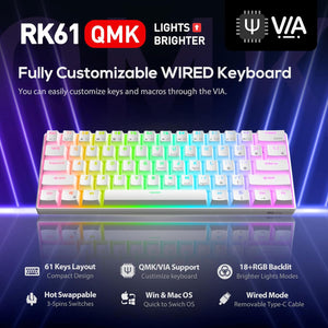 Buy now RK ROYAL KLUDGE RK61 Wired 60% Mechanical Gaming Keyboard Programmable QMK/VIA RGB Backlit 61 Keys Ultra-Compact Hot Swappable Red Switch White at indiglob india