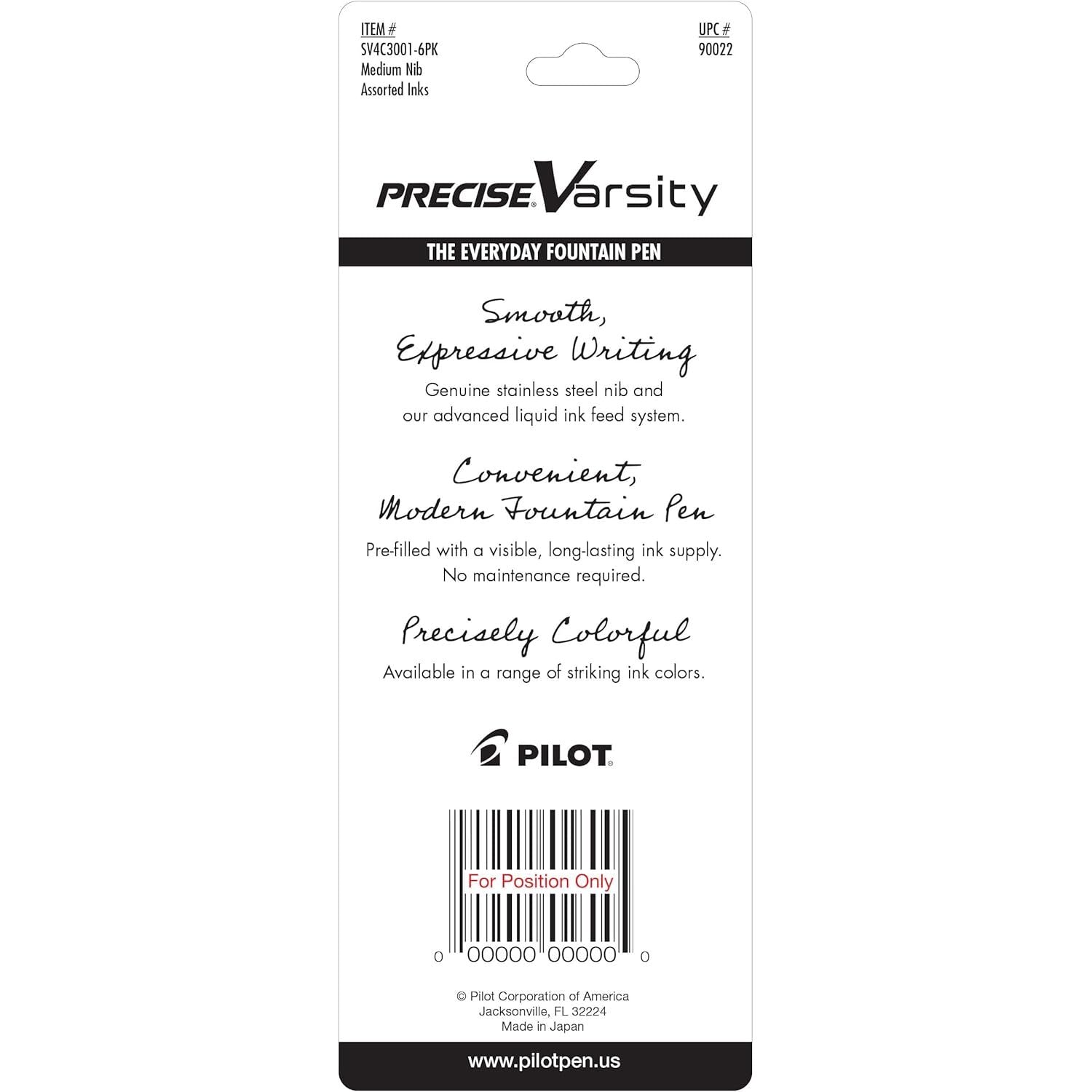 Buy now PILOT Precise Varsity Pre-Filled Fountain Pens, Medium Point Stainless Steel Nib, Black/Blue/Purple Inks, 3-Pack (90022) at indiglob india