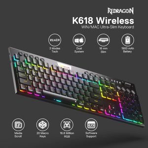Buy now Redragon K618 PRO 3-Mode Wireless RGB Mechanical Keyboard, BT/2.4Ghz/Wired Low Profile Win/Mac Gaming Keyboard w/Ultra-Thin Design, Dedicated Media Control & Linear Red Switch at indiglob india