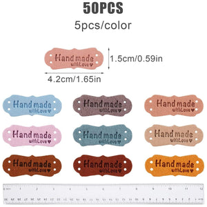 Buy now SAVITA 50pcs Handmade Leather Labels, Microfiber Colorful Leather Labels with Love Hearts Handmade Embossed Crochet Tags with Holes for Crafts Knitting Sewing Hats Purses Clothing (10 Colors) at indiglob india