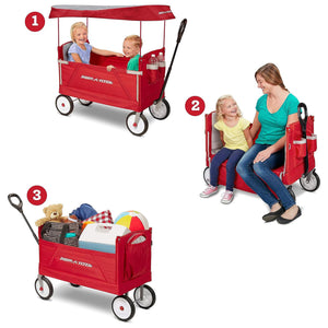 Buy now Radio Flyer 3-in-1 EZ Fold Wagon with Canopy, for Kids 1.5+, UV Shade, One-Hand Flat Fold, Seats 2 or Converts to Bench, DuraClean Fabric, Rubber Tires, 150 lb Capacity, Wagon for Kids or Cargo at indiglob india