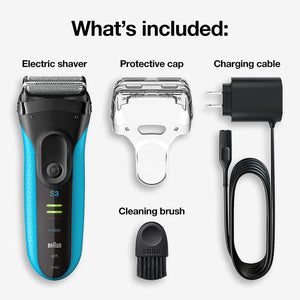 Buy now Braun Electric Series 3 Razor with Precision Trimmer, Rechargeable, Wet & Dry Foil Shaver for Men, Blue/Black, 4 Piece at indiglob india