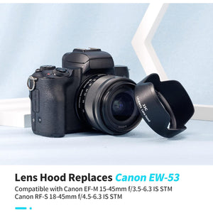 Buy now JJC Camera Lens Hood Shade for Canon EF-M 15-45mm f/3.5-6.3 is STM & RF-S 18-45mm f/4.5-6.3 is STM Lens on Canon EOS R100 R50 M50 M50 Mark II M5 M6 M6 Mark II M200 M100 Replaces Canon EW-53 Hood at indiglob india
