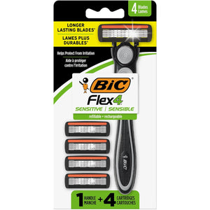 Buy now BIC Flex 4 Men's Refillable with 4 Blade Razors, Durable and Long-Lasting with Lubricating Strip, 1 Handle and 4 Cartridges, 4-Pack at indiglob india