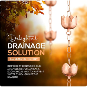 Buy now Copper Rain Chain – Decorative Chimes & Cups Replace Gutter Downspout & Divert Water Away from Home for Stunning Fountain Display – 8.5’ Long for Universal Fit – Flower Style at indiglob india