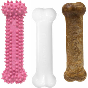 Buy now Nylabone Puppy Chew Toys & Natural Treat Triple Pack, Puppy Enrichment Teething Toys, Pink, Chicken & Bacon Flavor, Small Dogs - Up to 25 Ibs, 3 Pack at indiglob india