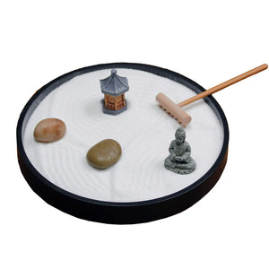Buy now Nature's Mark Mini Zen Garden Kit for Desk with Rake, White Sand, Black Round Base, Miniature Pagoda Figure, River Rocks and Miniature Buddha Figure (6Lx6W Round B) at indiglob india