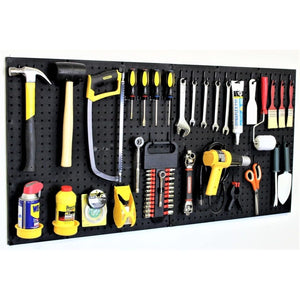 Buy now WallPeg 2 Black Pegboard Panels (24"x16" Each) with 36 Assorted Peg Hooks – Heavy-Duty Peg Board Garage Organizer Kit – Patented Flex-Lock Hooks – Made in USA Wall Storage System at indiglob india
