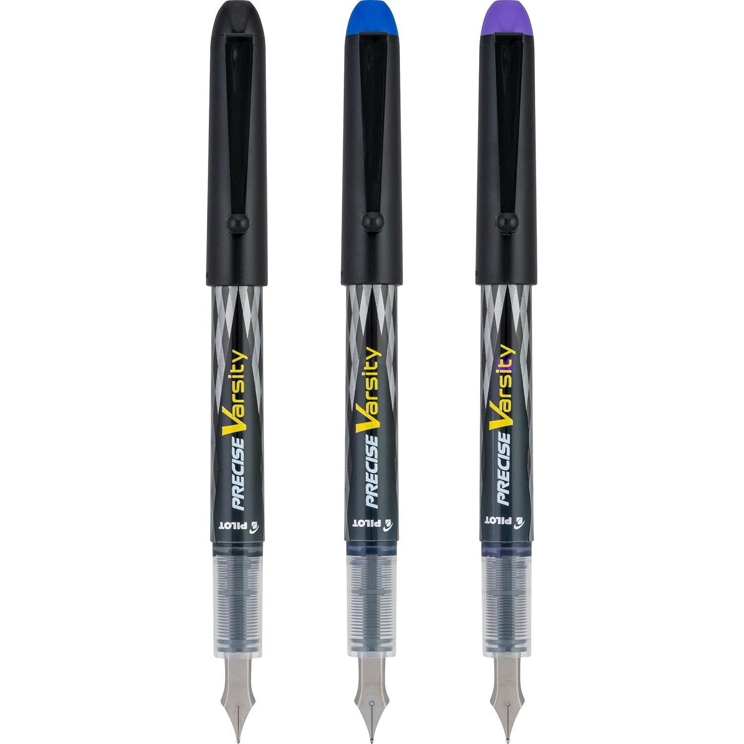 Buy now PILOT Precise Varsity Pre-Filled Fountain Pens, Medium Point Stainless Steel Nib, Black/Blue/Purple Inks, 3-Pack (90022) at indiglob india