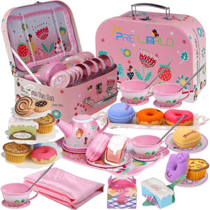 Buy now Tea Party Set for Little Girls,PRE-WORLD Princess Tea Time Toy Including Dessert,Cookies,Doughnut,Teapot Tray Cake, Tablecloth & Carrying Case,Kids Kitchen Pretend Play for Girls Boys Age 3-6 at indiglob india