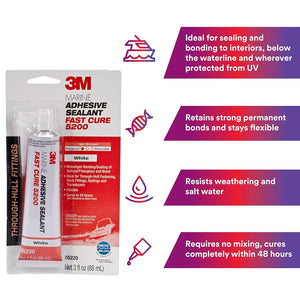 3M Marine Adhesive Sealant Fast Cure 5200 (05220) Permanent Bonding and Sealing for Boats and RVs Above and Below the Waterline Waterproof Repair, White, 3 fl oz Tube by 3M Online | Shop in India