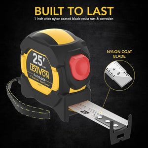 Buy now LEXIVON 25Ft/7.5m AutoLock Tape Measure | 1-Inch Wide Blade with Nylon Coating, Matte Finish White & Yellow Dual Sided Rule Print | Ft/Inch/Fractions/Metric (LX-205) at indiglob india