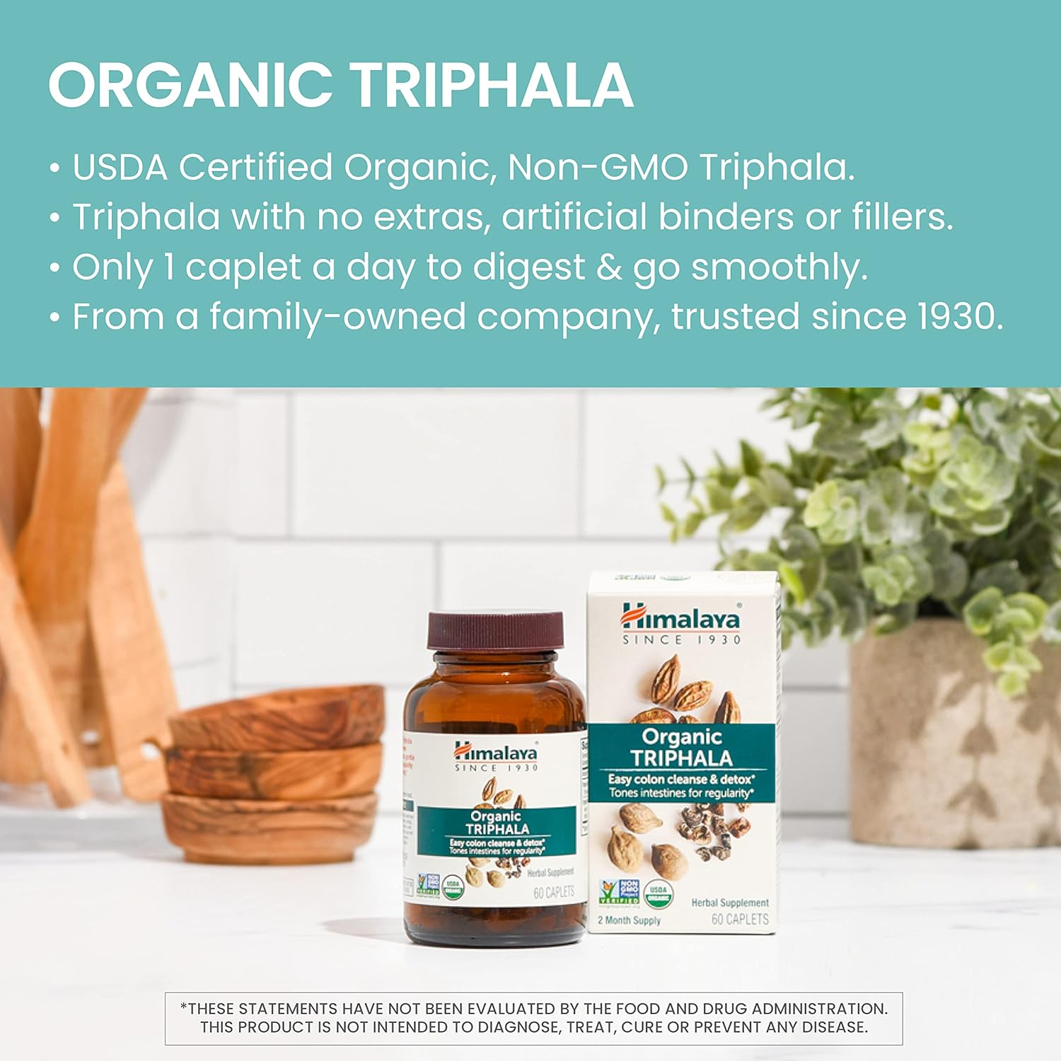 Buy now Himalaya Organic Triphala, 2 Month Supply, for Colon Cleanse, Detox & Occasional Constipation, USDA Certified Organic, Non-GMO, Gluten-Free, Extract & Powder Herbal Supplement, 688 mg, 60 Caplets at indiglob india