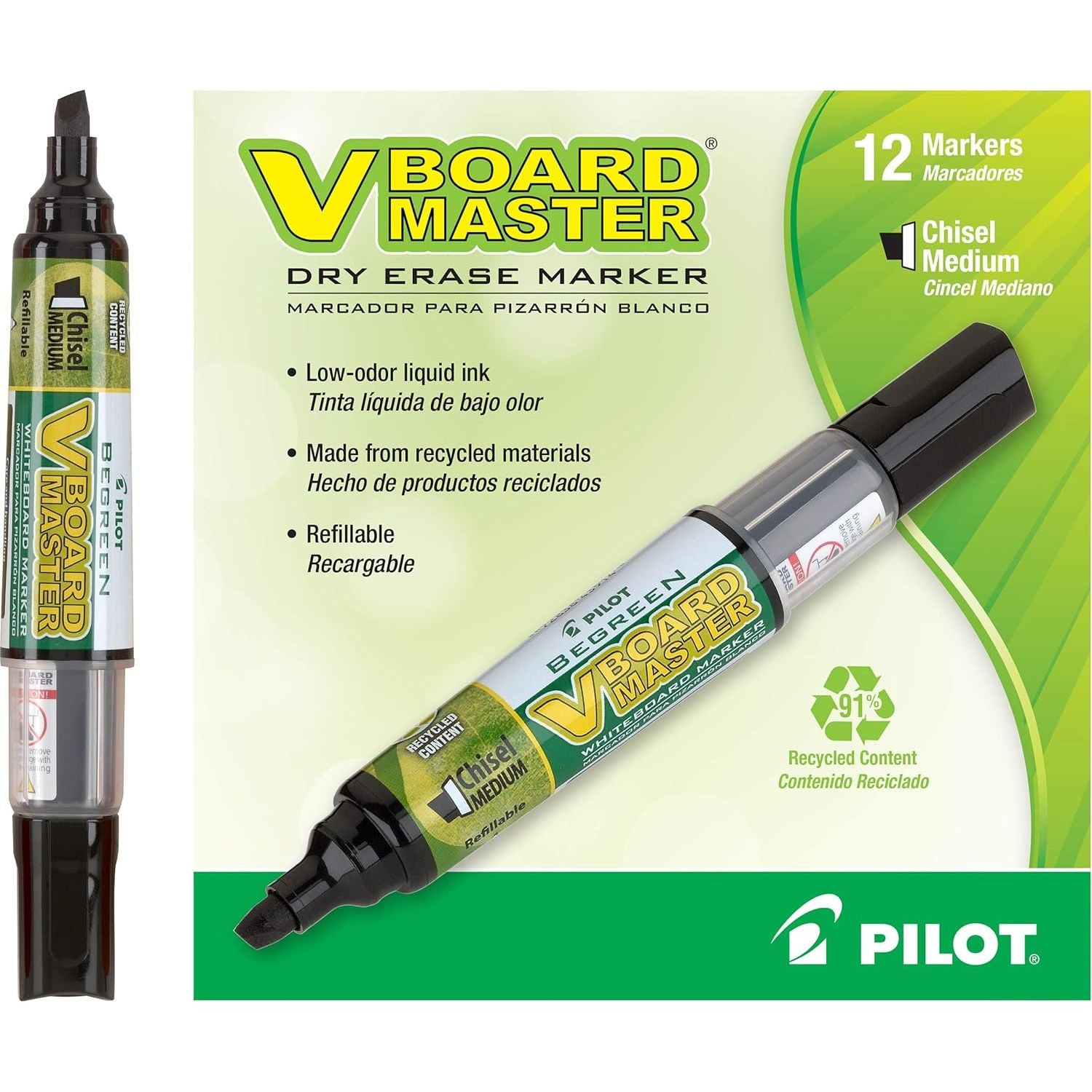 Buy now PILOT V Board Master BeGreen Refillable Dry-Erase Markers, Bullet Tip, Black Ink, 12 Count 12 Count (Pack of 1) Black Chisel Tip at indiglob india