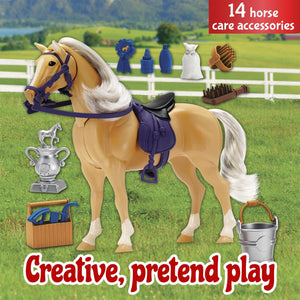 Buy now Sunny Days Entertainment Palomino Horse with Moveable Head, Realistic Sound and 14 Grooming Accessories - Blue Ribbon Champions Deluxe Toy Horses at indiglob india