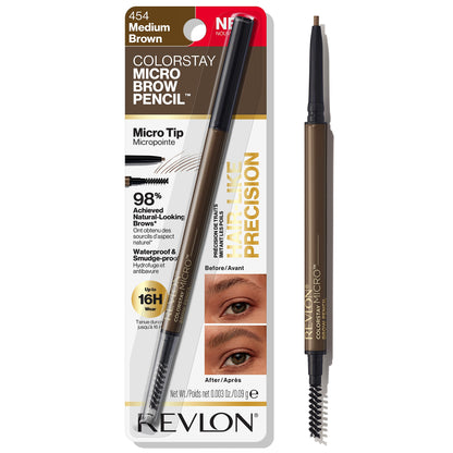 Buy now Revlon ColorStay Micro Eyebrow Pencil with Built In Spoolie Brush, Infused with Argan and Marula Oil, Waterproof, Smudgeproof, 454 Medium Brown, 0.003 oz at indiglob india