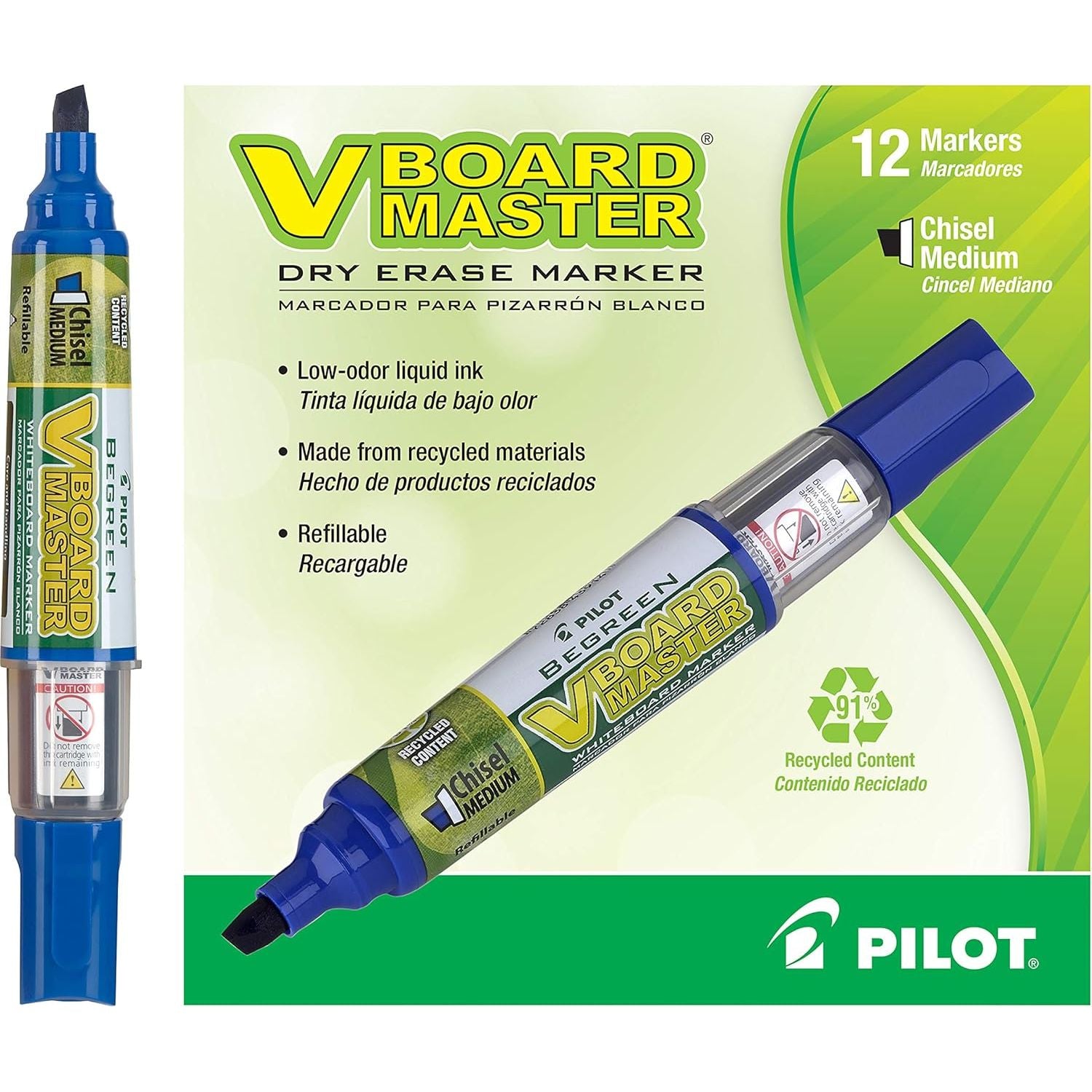 Buy now PILOT V Board Master BeGreen Refillable Dry-Erase Markers, Bullet Tip, Black Ink, 12 Count 12 Count (Pack of 1) Blue Chisel Tip at indiglob india