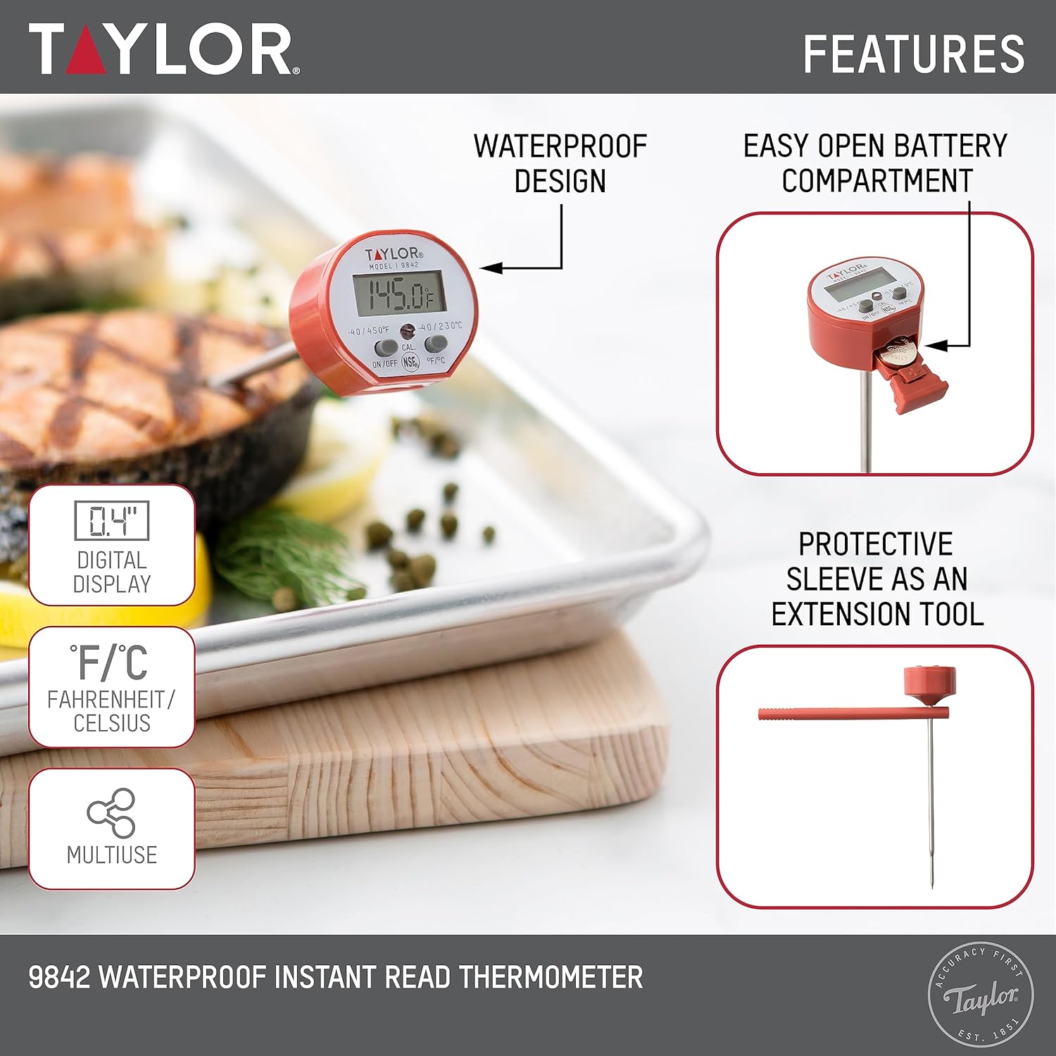 Buy now Taylor Waterproof Digital Instant Read Thermometer For Cooking, BBQ, Grilling, Baking, And Meat, Comes With Pocket Sleeve Clip, Red at indiglob india