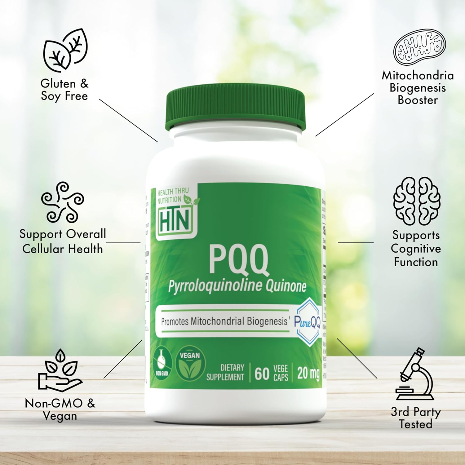 Buy now Health Thru Nutrition PQQ 20mg 60 Servings Pyrroloquinoline Quinone as PureQQ | Promotes Mitochondrial Biogenesis | Certified Vegan | Non-GMO Gluten Soy Free Capsules| Clean Label PQQ Supplement at indiglob india