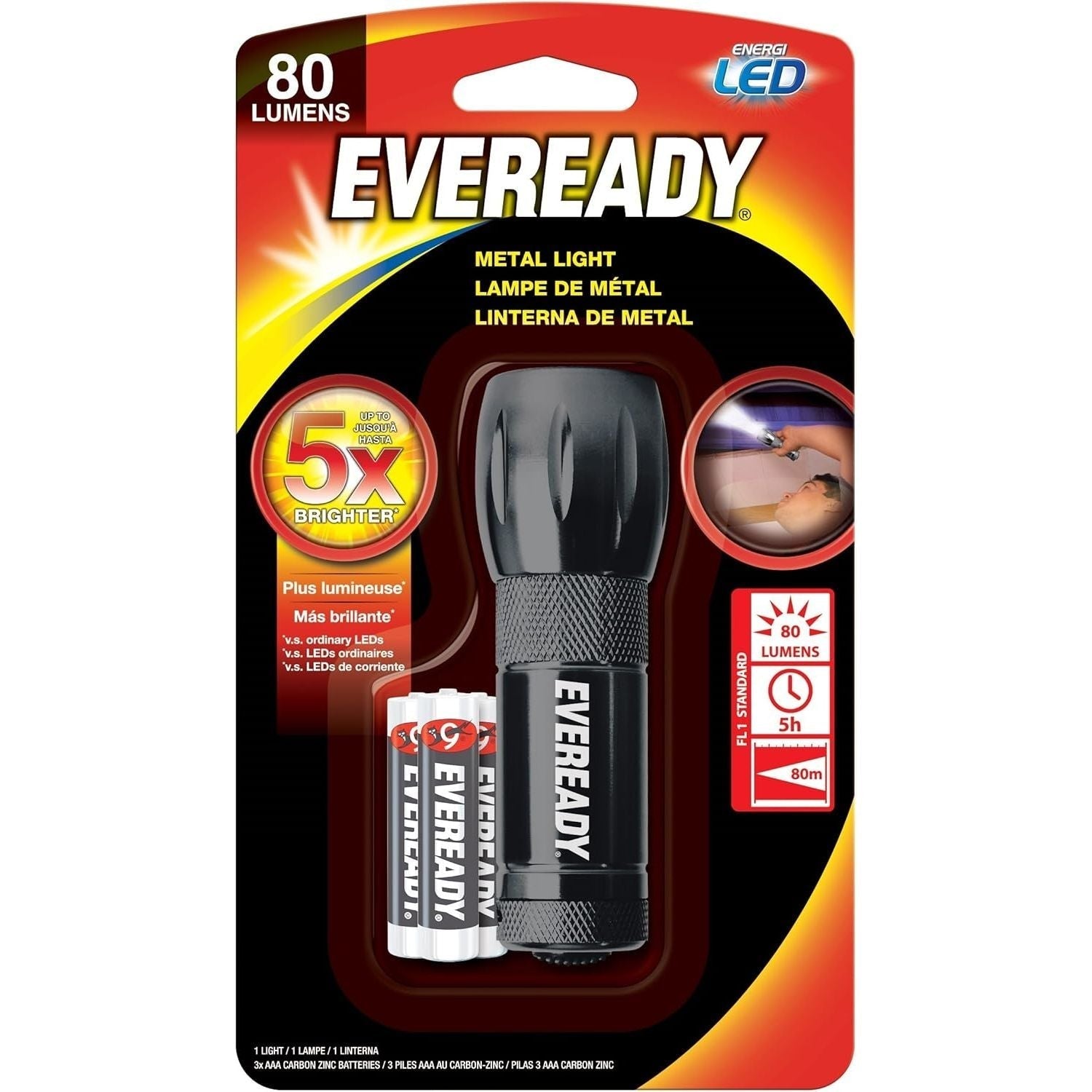 Buy now Eveready Compact LED Metal Flashlight Water Resistant, Includes 3 Super Heavy Duty AAA Batteries, 21 Lumens , Black at indiglob india