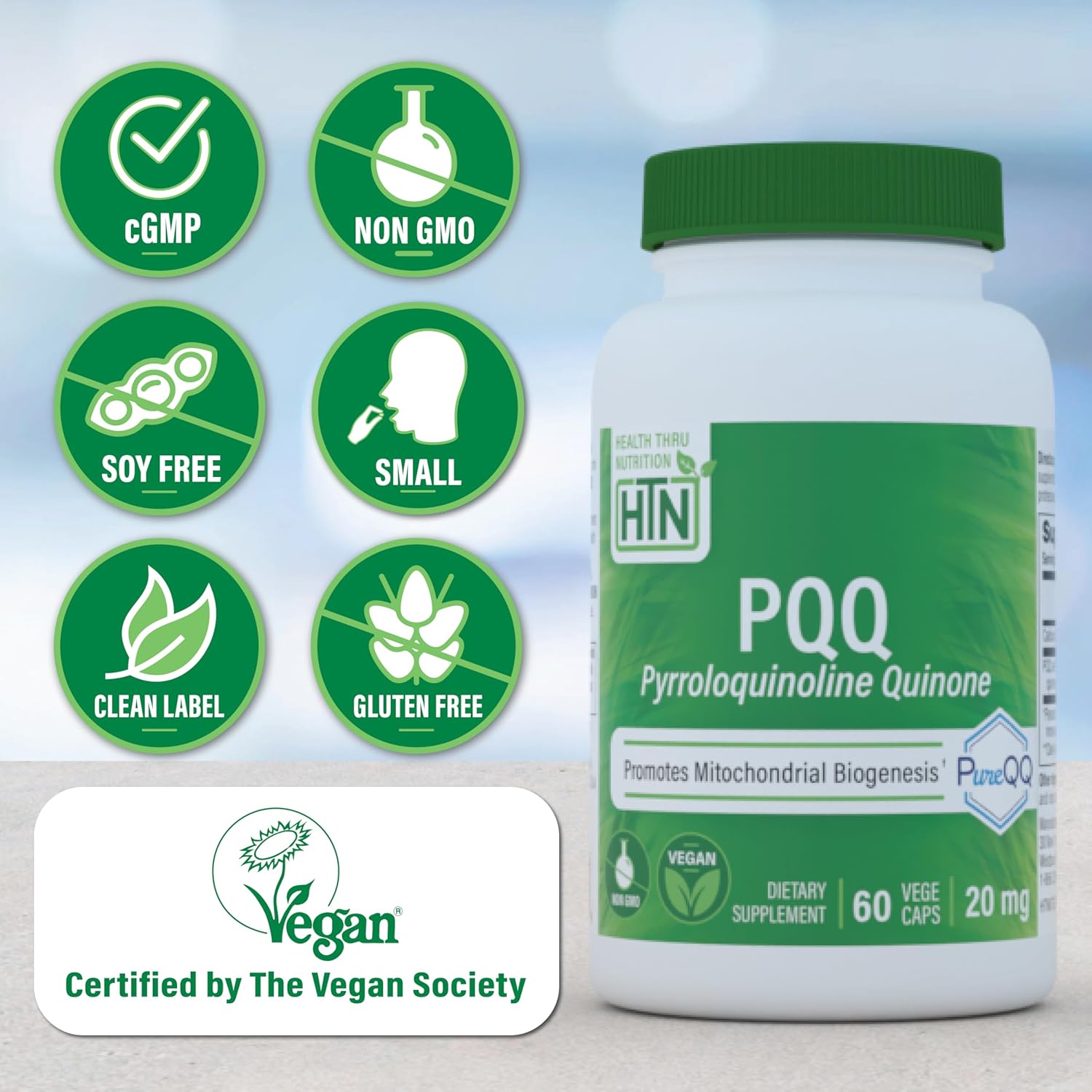 Buy now Health Thru Nutrition PQQ 20mg 60 Servings Pyrroloquinoline Quinone as PureQQ | Promotes Mitochondrial Biogenesis | Certified Vegan | Non-GMO Gluten Soy Free Capsules| Clean Label PQQ Supplement at indiglob india