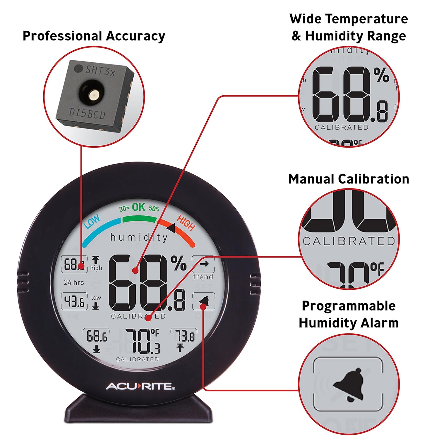 Authentic AcuRite AcuRite 01080M Pro Accuracy Temperature and Humidity Gauge with Alarms, Black | Buy Online India