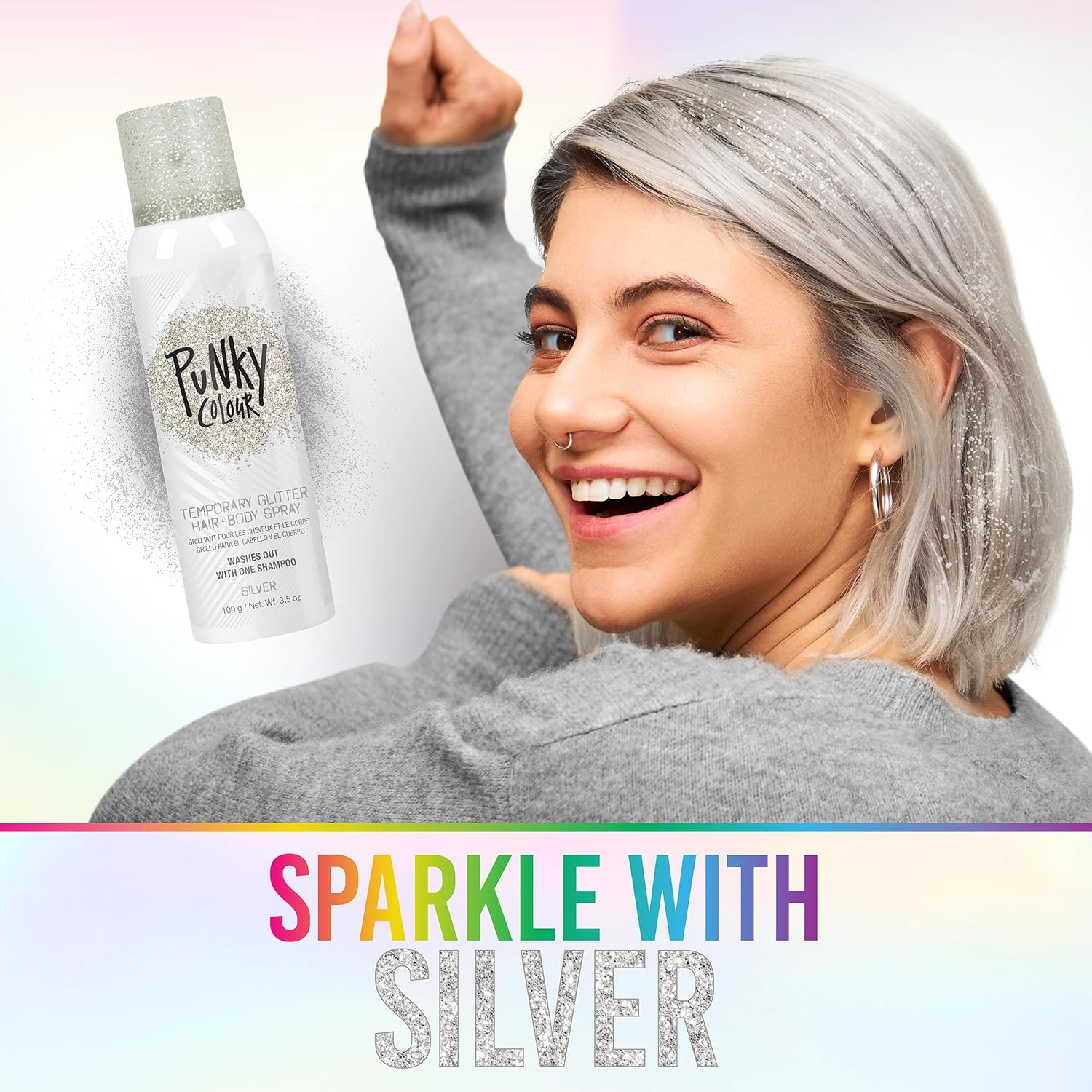 Buy now Punky Temporary Hair and Body Glitter Spray Silver – Glitters Hairspray, Adds Sparkly Shimmery Glow, Hair Glitter for Kids, Women, Men 3.5 oz at indiglob india