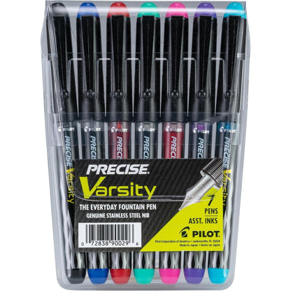Buy now PILOT Precise Varsity Pre-Filled Fountain Pens, Medium Point Stainless Steel Nib, Black/Blue/Purple Inks, 3-Pack (90022) 7 Count (Pack of 1) Black Blue Red Pink Green Purple Turquoise at indiglob india